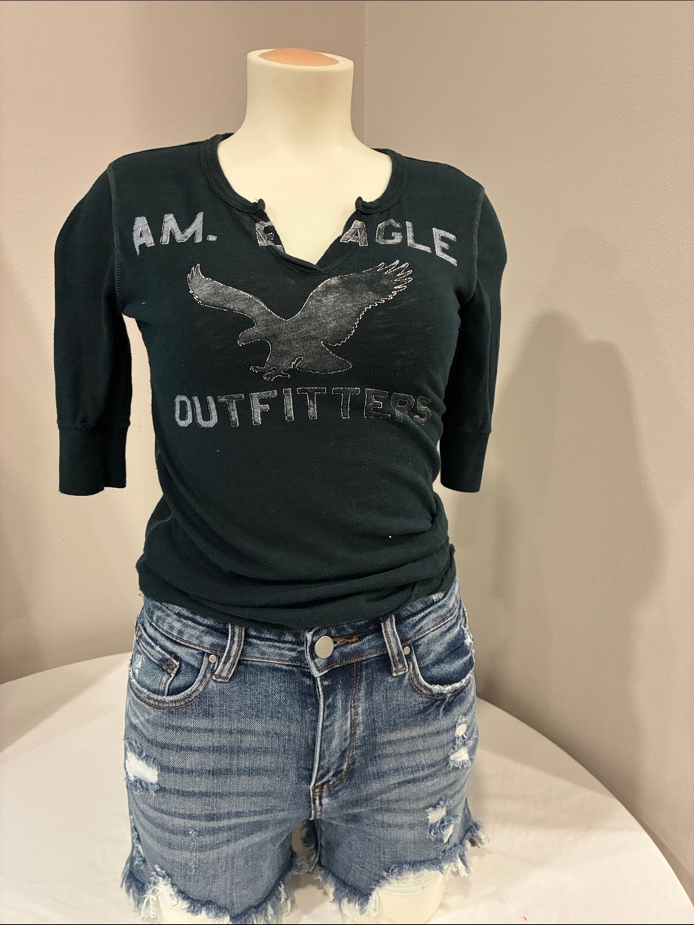 Vintage American Eagle Outfitters Black Graphic Henley Top